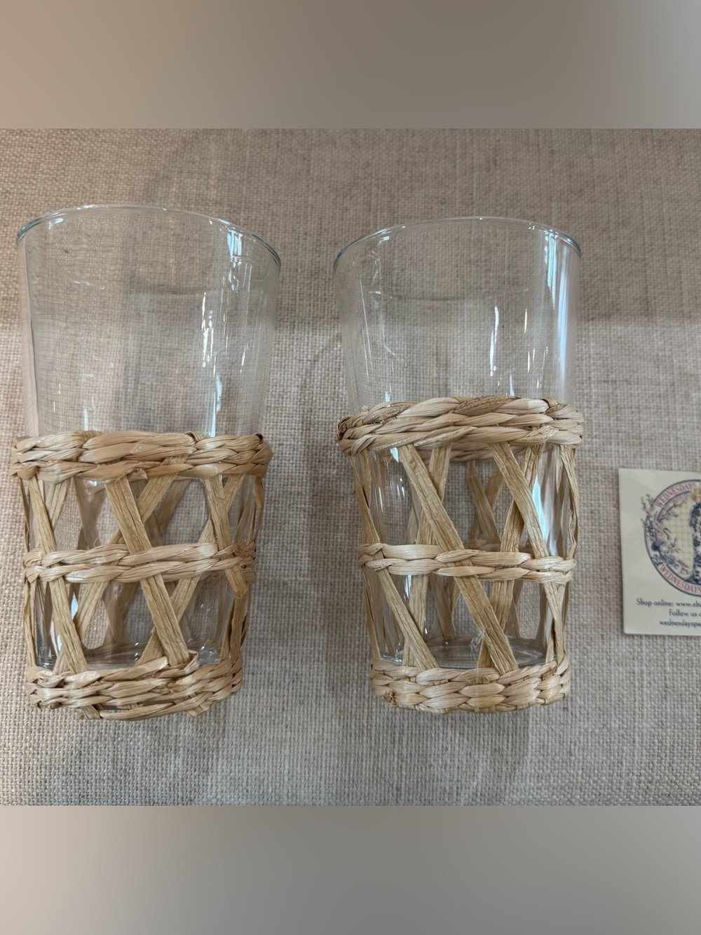 Vintage Wicker Wrapped 16 Oz Tumblers Set of 2 Rattan Tiki Bar Drinking Glasses